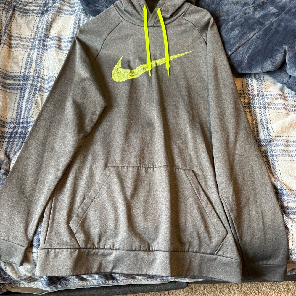 Nike Gray Hoodie with Neon Yellow Swoosh and Drawstrings